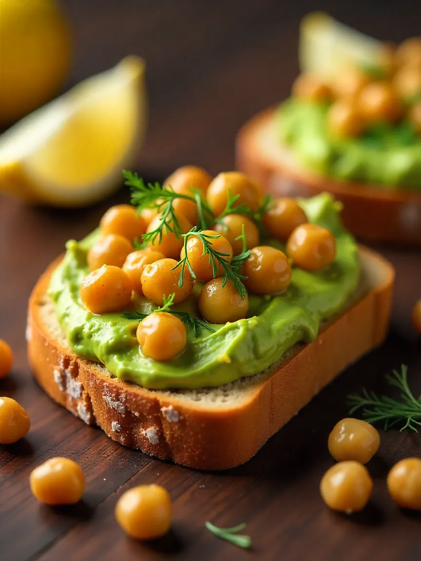 Avocado toast topped with roasted chickpeas and fresh dill on rye bread, served with a lemon wedge.