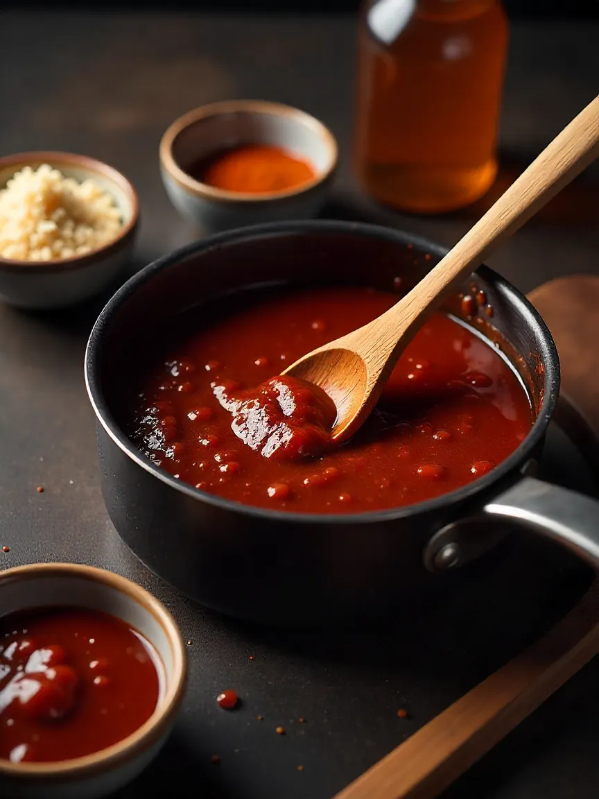 Rich homemade barbecue sauce simmering in a pan, with smoky spices and ingredients surrounding it, ready to brush onto grilled meat.