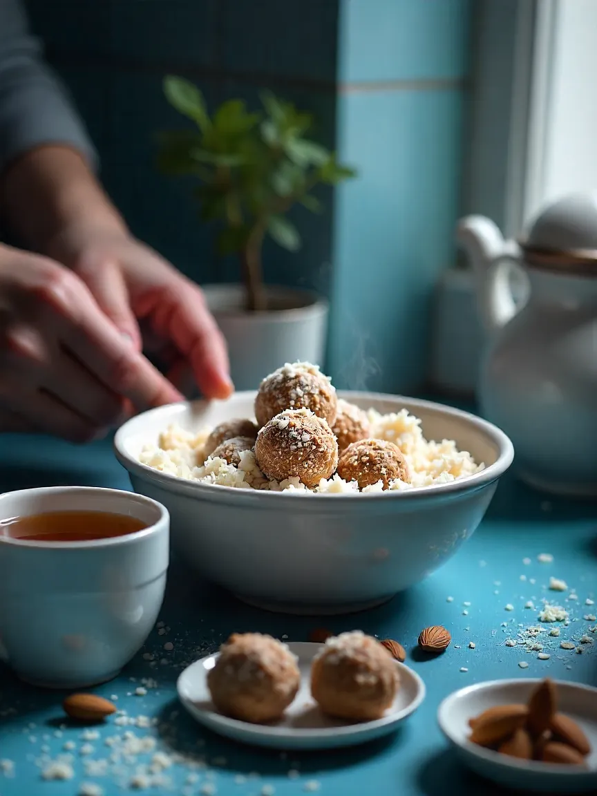 Chilled coconut-almond truffle mixture resting in a bowl, with tea on the side, showing the pause before rolling.