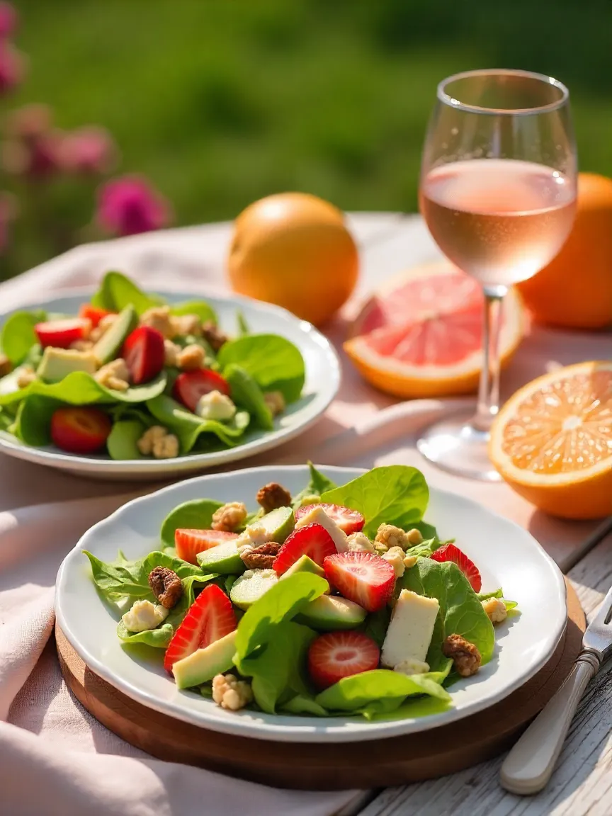 Fresh summer salads with fruit, goat cheese, and nuts paired with a chilled glass of Rosé wine in a sunny outdoor picnic setting.