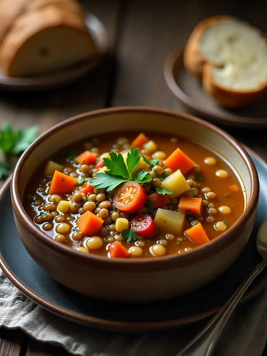 A bowl of rustic lentil and vegetable soup with fresh herbs and crusty bread on the side, creating a wholesome and comforting presentation.