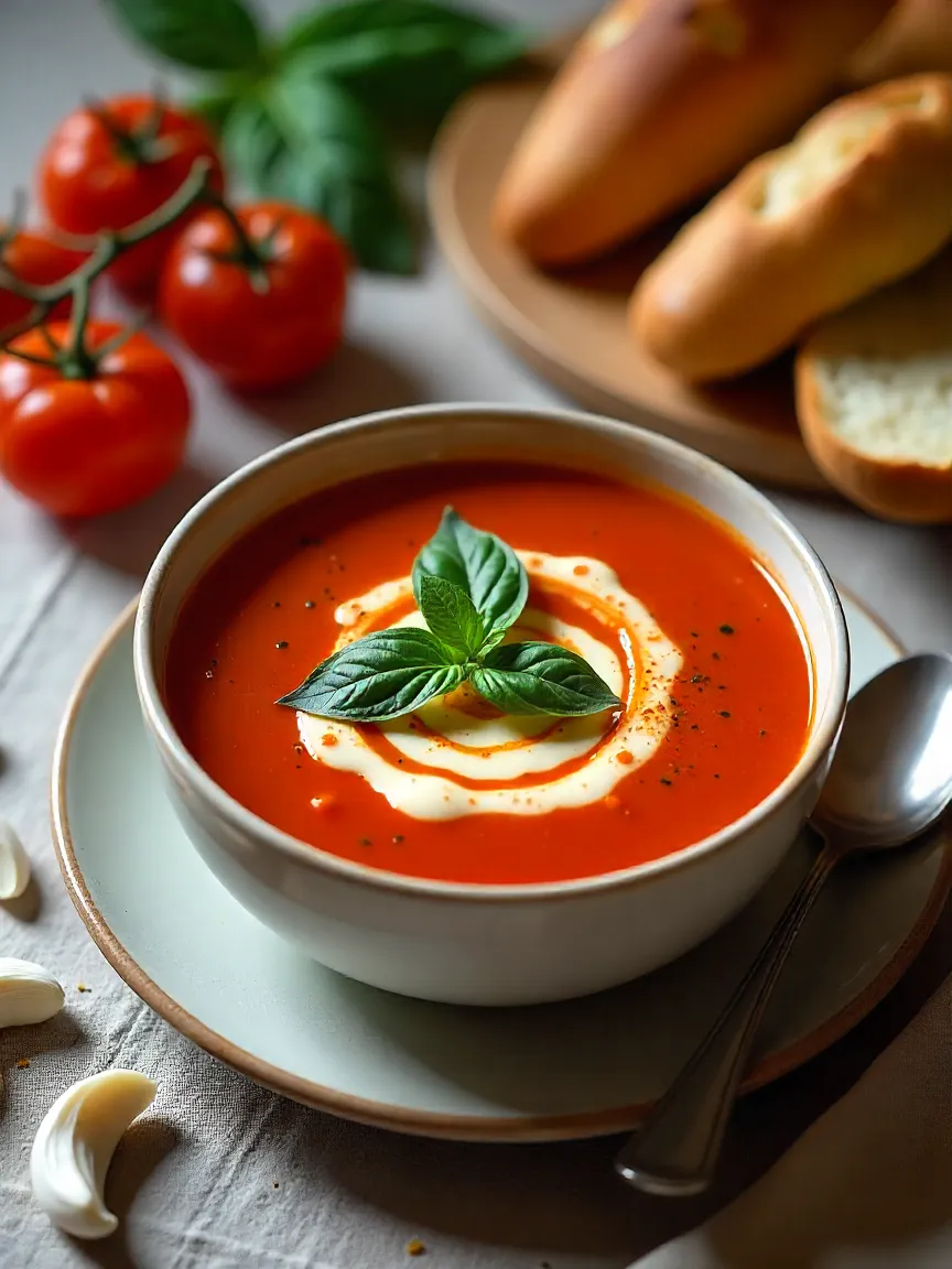 Rustic roasted tomato soup in a bowl with cream swirl and basil garnish, served with toasted bread and fresh roasted tomatoes on the side.