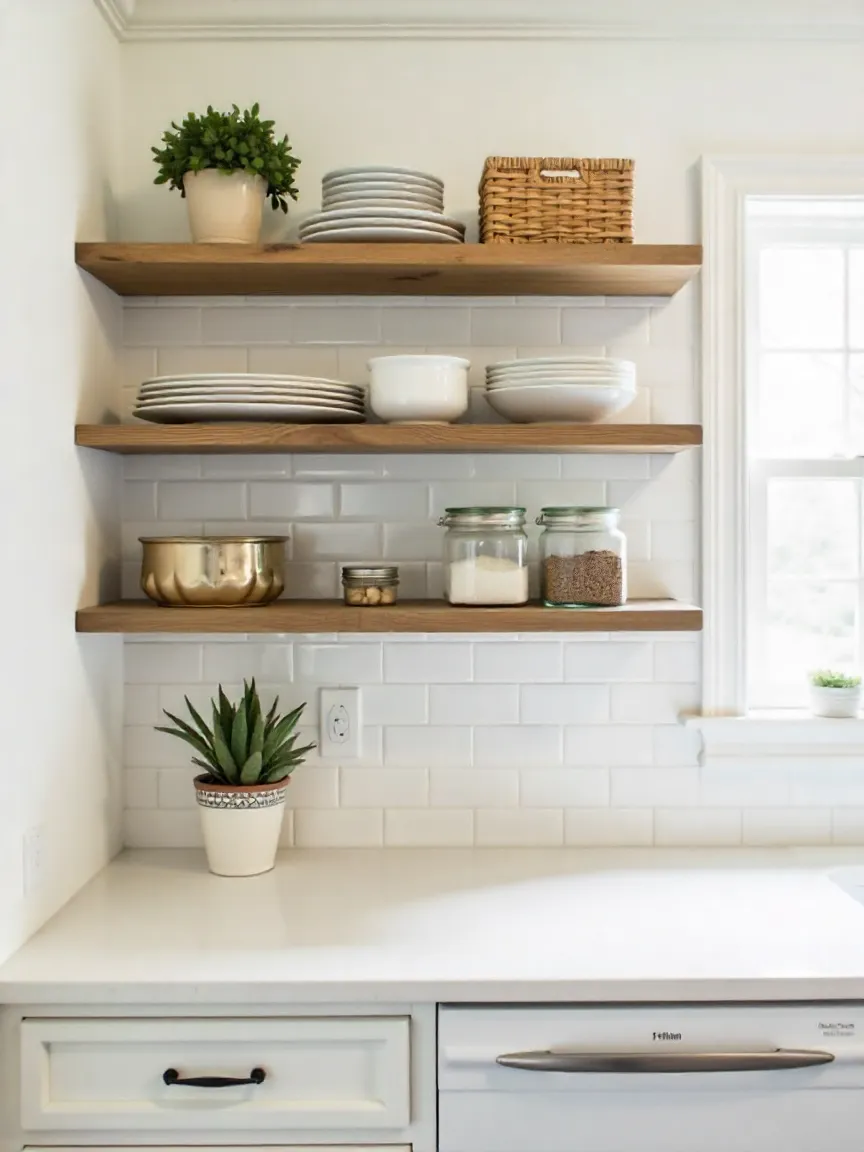 Kitchen with rustic wooden open shelves decorated with dishes, jars, and greenery for a warm, farmhouse-inspired look.