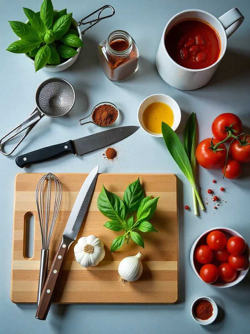 Essential kitchen tools and fresh ingredients for making homemade sauces, including garlic, herbs, a whisk, knife, and food processor on a clean countertop.