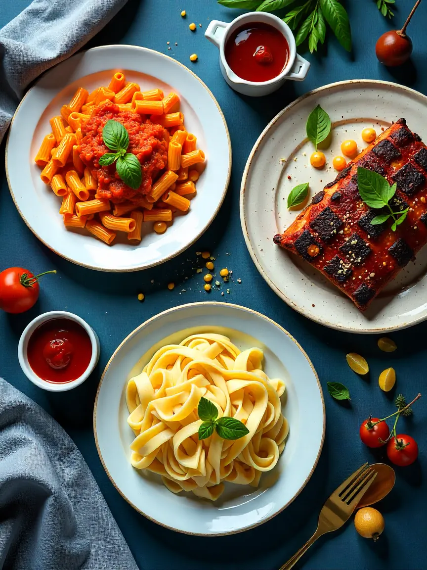 Three dishes side by side—pasta with tomato sauce, fettuccine Alfredo, and barbecue ribs—each paired with its matching homemade sauce.
