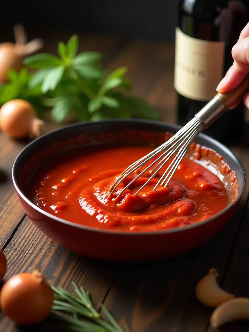 Pan of rich wine reduction sauce being whisked with butter, with fresh shallots, herbs, and a bottle of red wine nearby, illustrating sauces and reductions.
