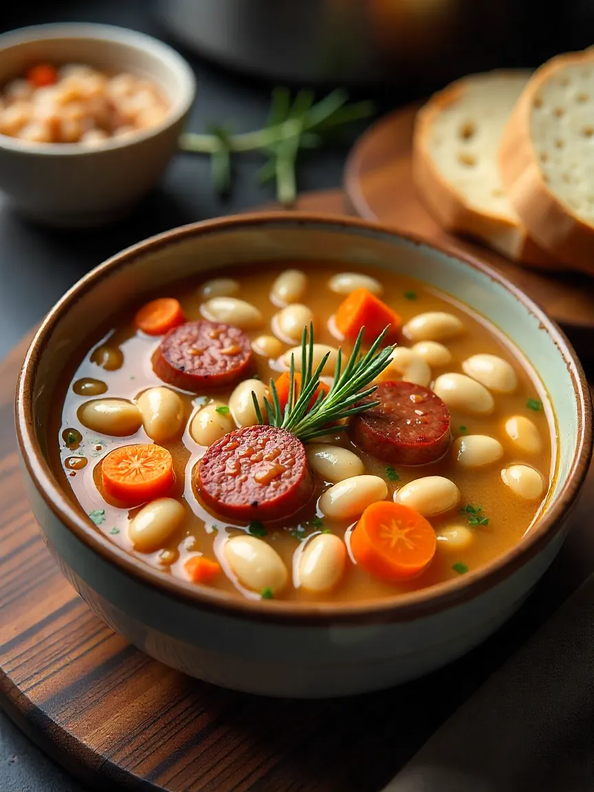 Rustic sausage and white bean soup with carrots, onions, and rosemary served in a warm bowl with bread on the side.