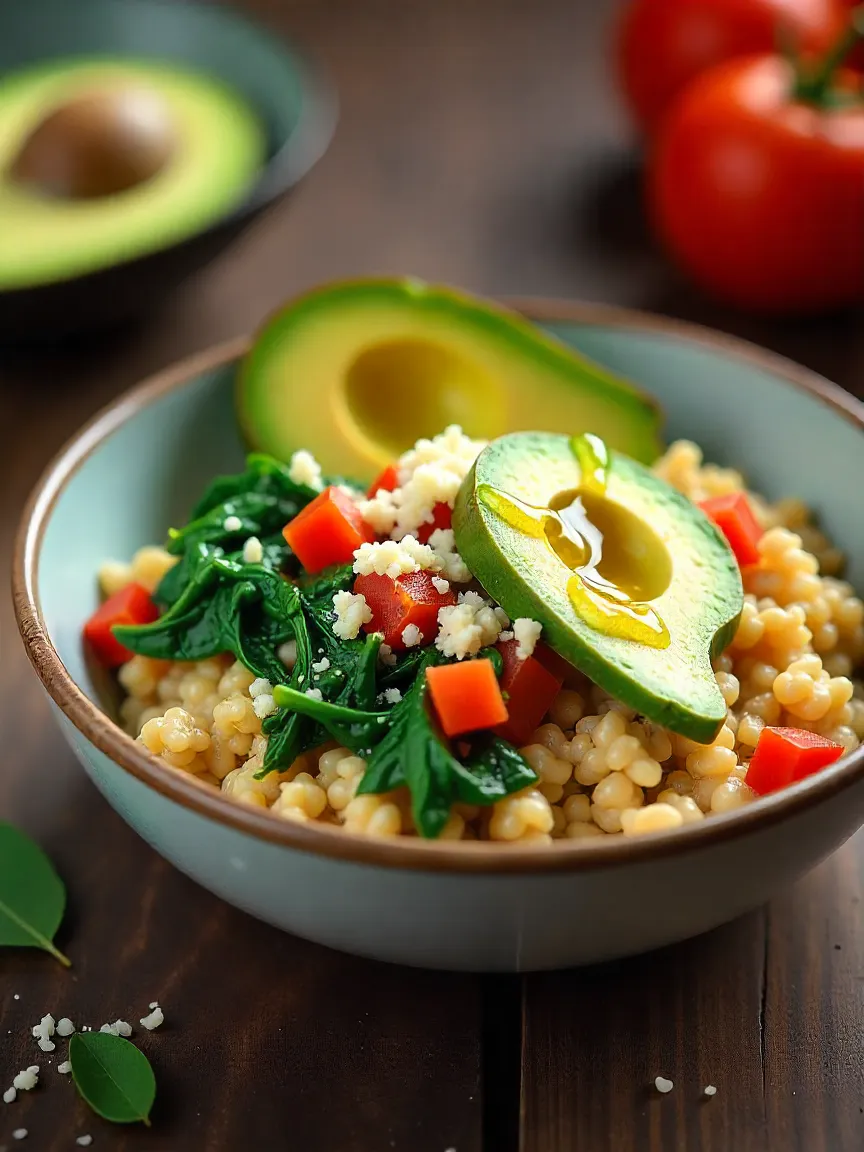Savory oatmeal bowl topped with spinach, tomatoes, avocado, and cheese, a hearty and nutritious breakfast recipe for weight loss.