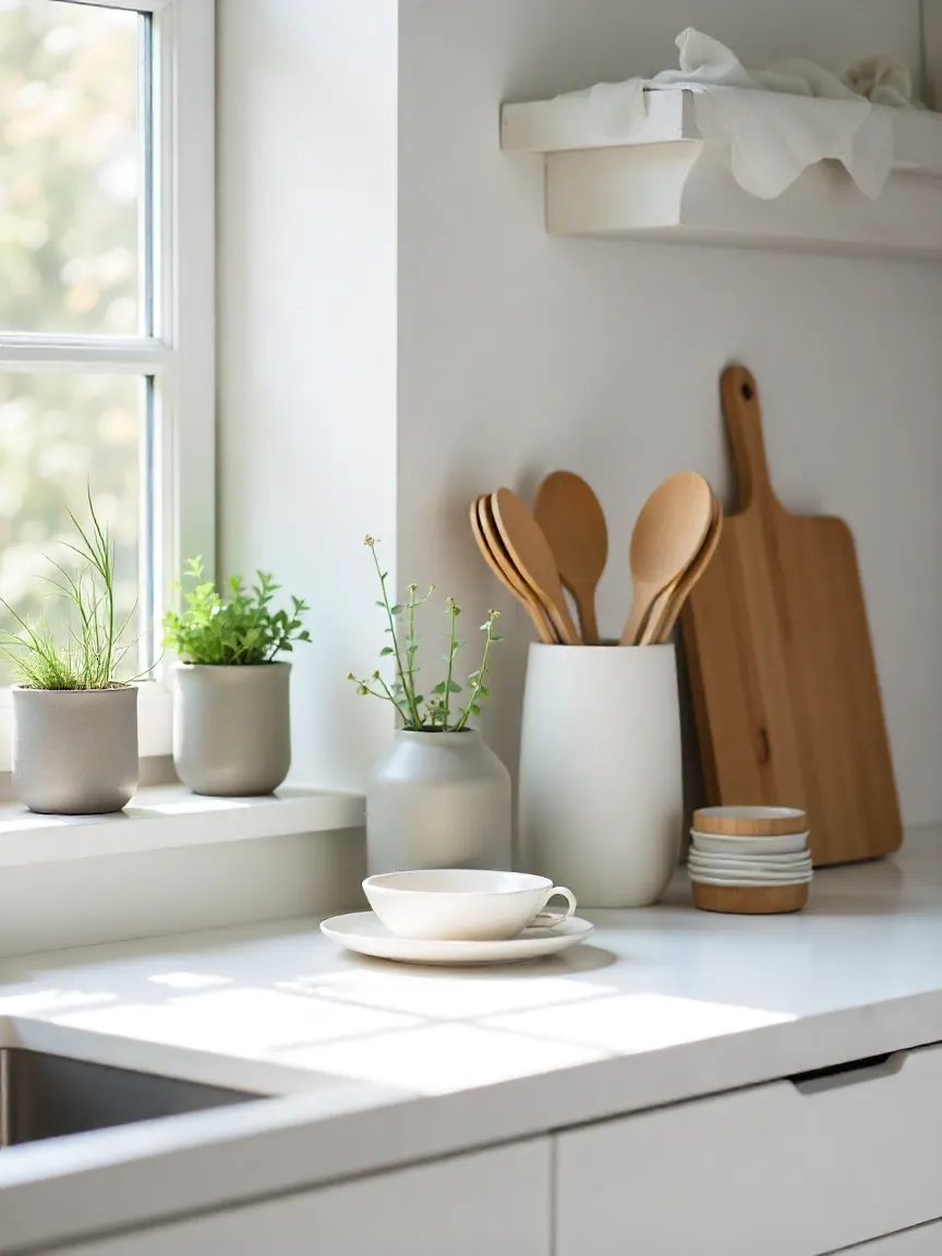 Scandinavian kitchen with wooden utensils, ceramic vases holding herbs, stainless steel bread box, magnetic knife strip, and potted plants in a bright, minimalist setting.