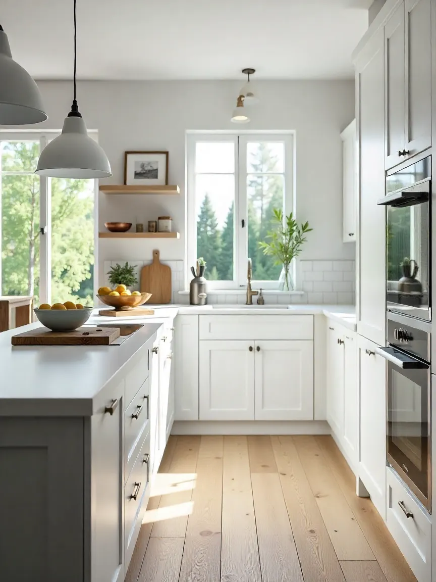 Scandinavian kitchen with white and gray tones, light wood accents, pendant lights, and abundant natural light creating a cozy yet minimalist feel.