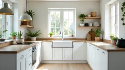 Bright Scandinavian kitchen with white cabinets, oak countertops, open shelves, and large windows filling the space with natural light.