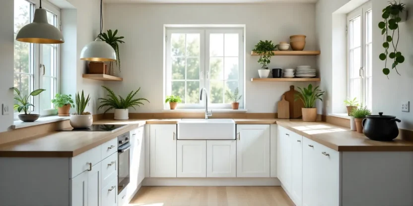 Bright Scandinavian kitchen with white cabinets, oak countertops, open shelves, and large windows filling the space with natural light.