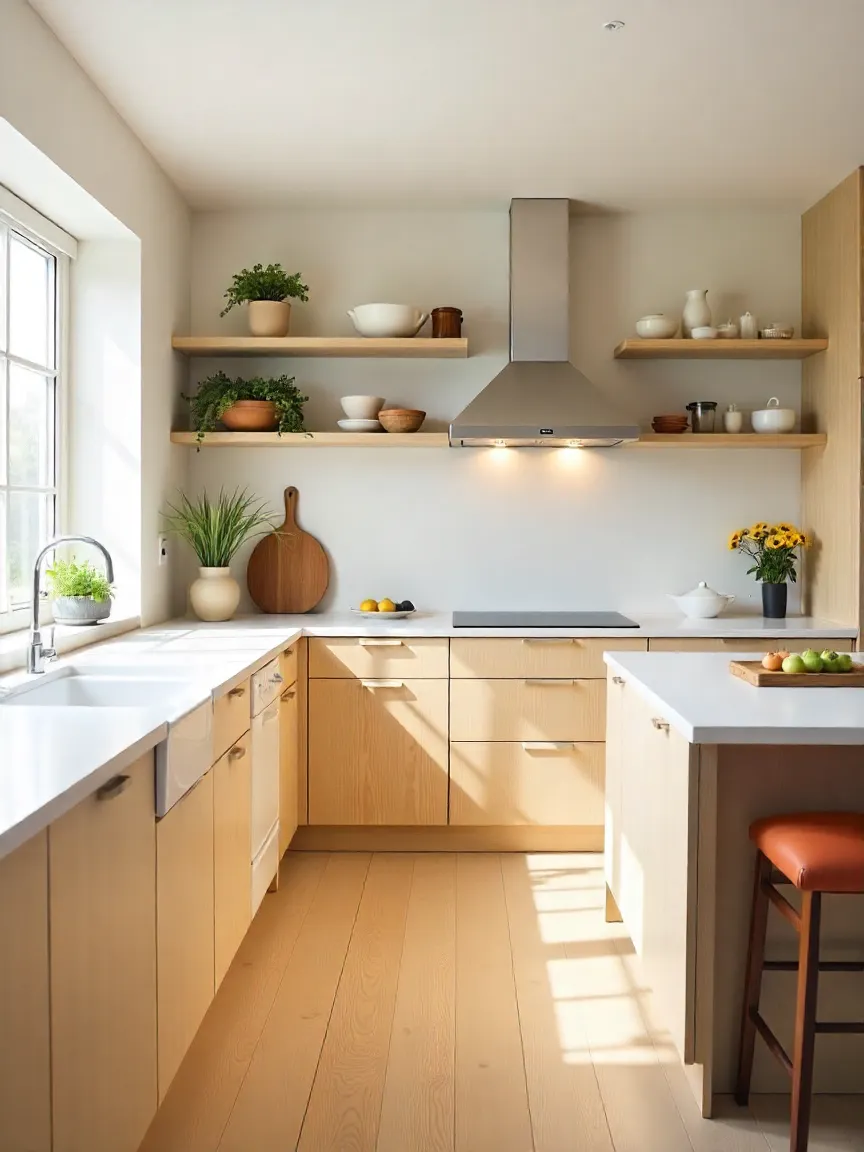 Scandinavian kitchen with light wood cabinets, open shelving, kitchen island storage, and a blend of modern and vintage furniture in a bright, minimalist space.