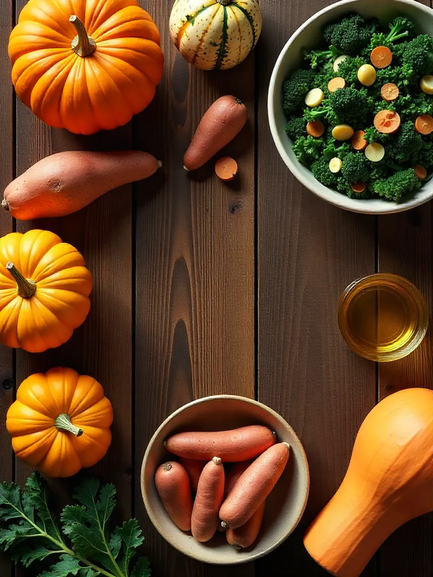 Seasonal autumn foods for weight loss, including pumpkin, squash, sweet potatoes, and leafy greens on a rustic wooden surface.
