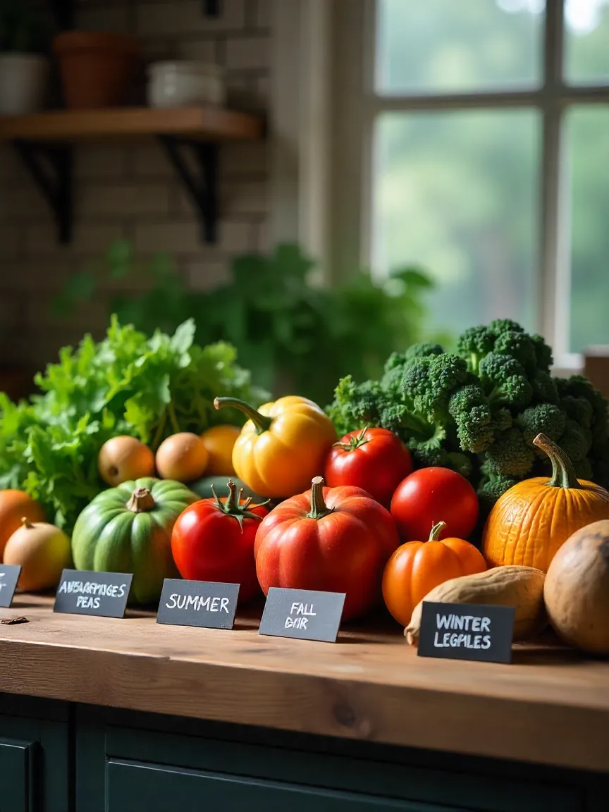Fresh seasonal vegetables arranged by season on a rustic kitchen counter.