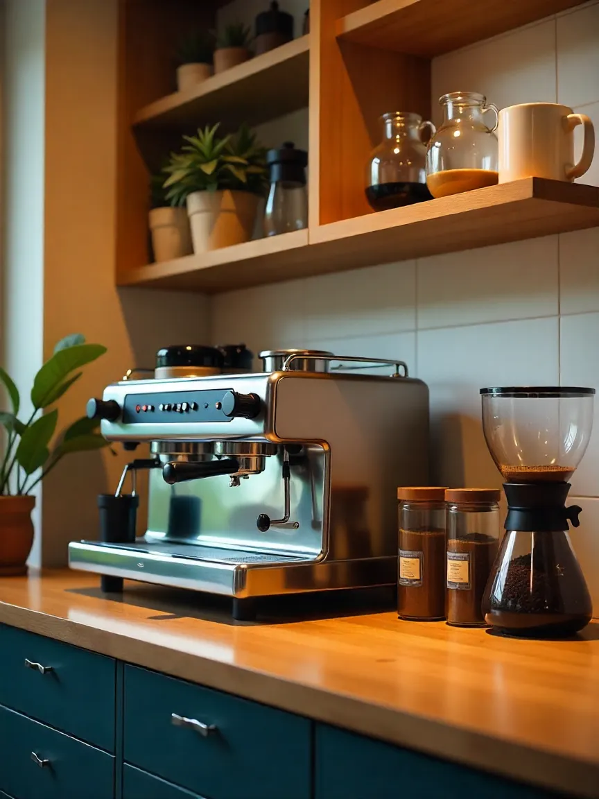 Coffee corner with espresso machine, pour-over set, French press, grinder, and coffee accessories.