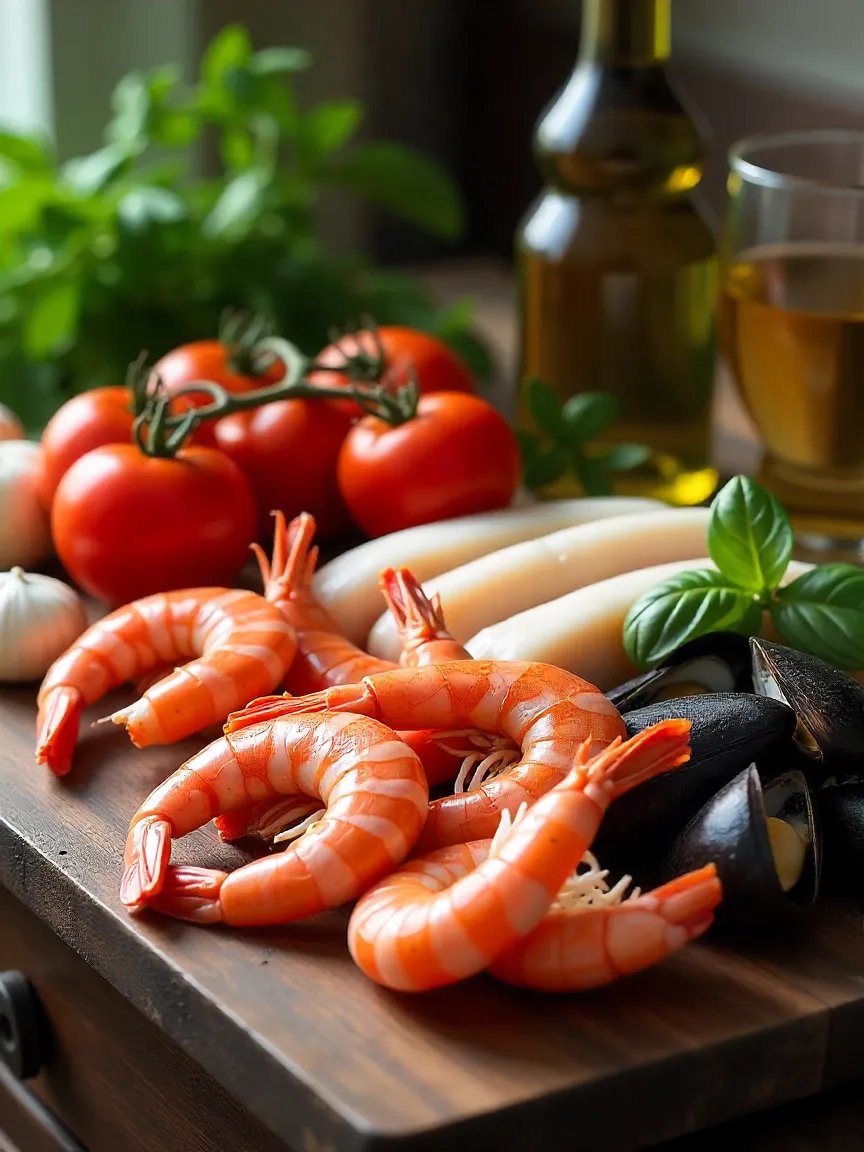 Fresh tomatoes, seafood, herbs, garlic, and olive oil arranged for making tomato seafood soup.