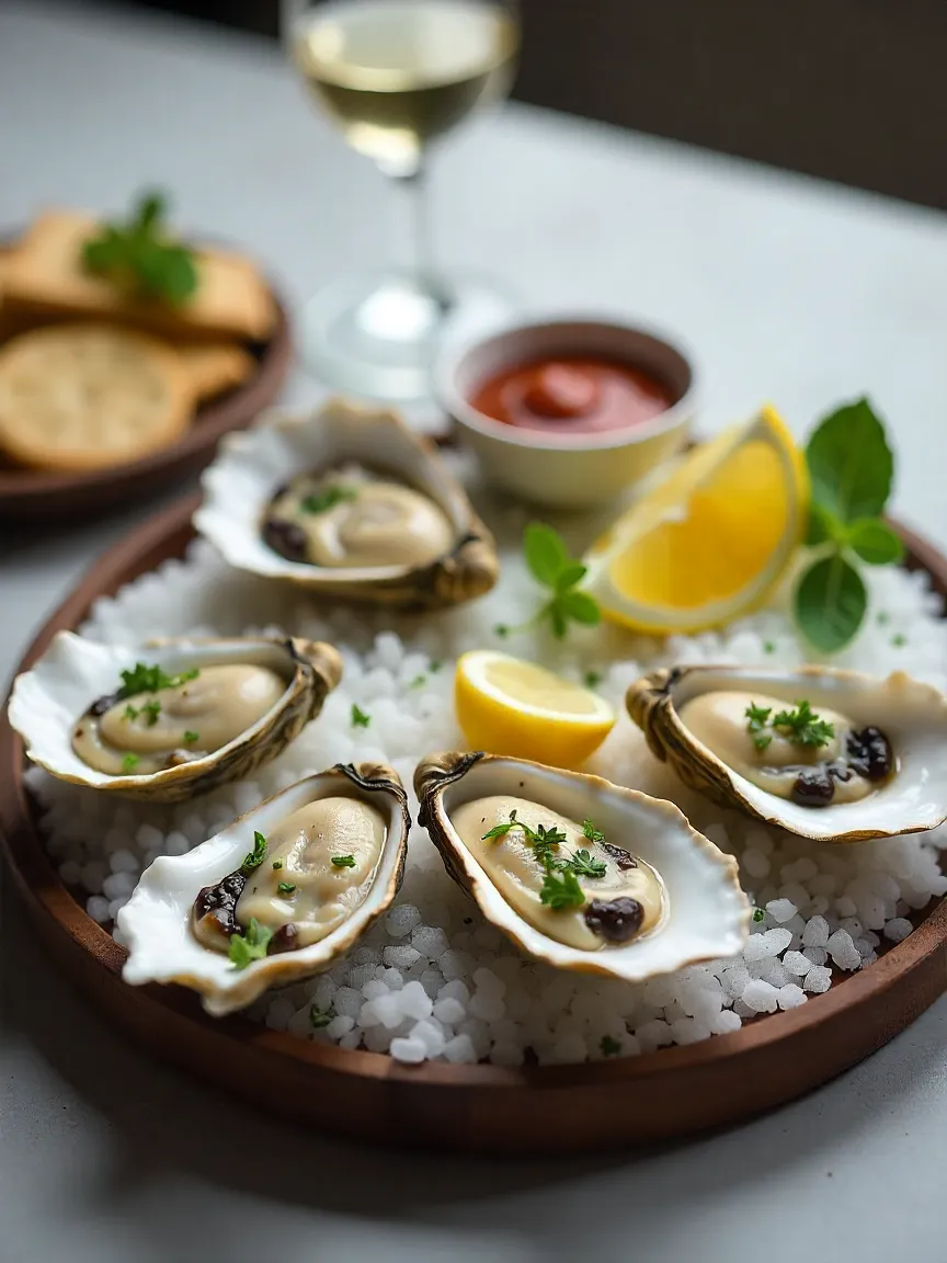 Cooked oysters served on a platter with lemon wedges, mignonette sauce, garlic butter, crackers, and white wine for a fresh, elegant presentation.