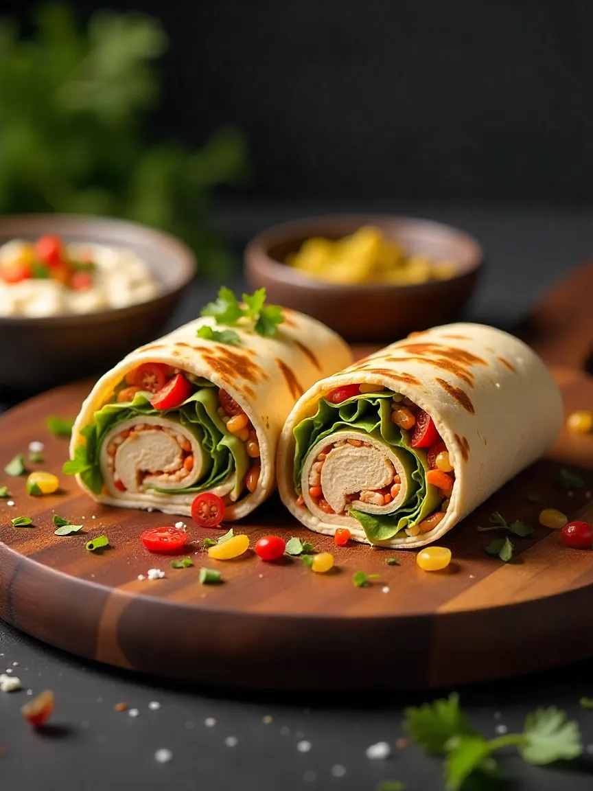 Shawarma wrap served with tahini, garlic sauce, fresh herbs, pickles, hummus, and tabbouleh on a rustic board.