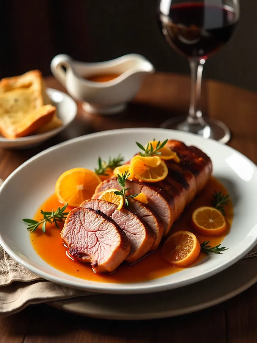 Sliced roasted duck with crispy skin on a white platter, drizzled with orange sauce and garnished with orange slices and herbs, served with wine on a dining table.