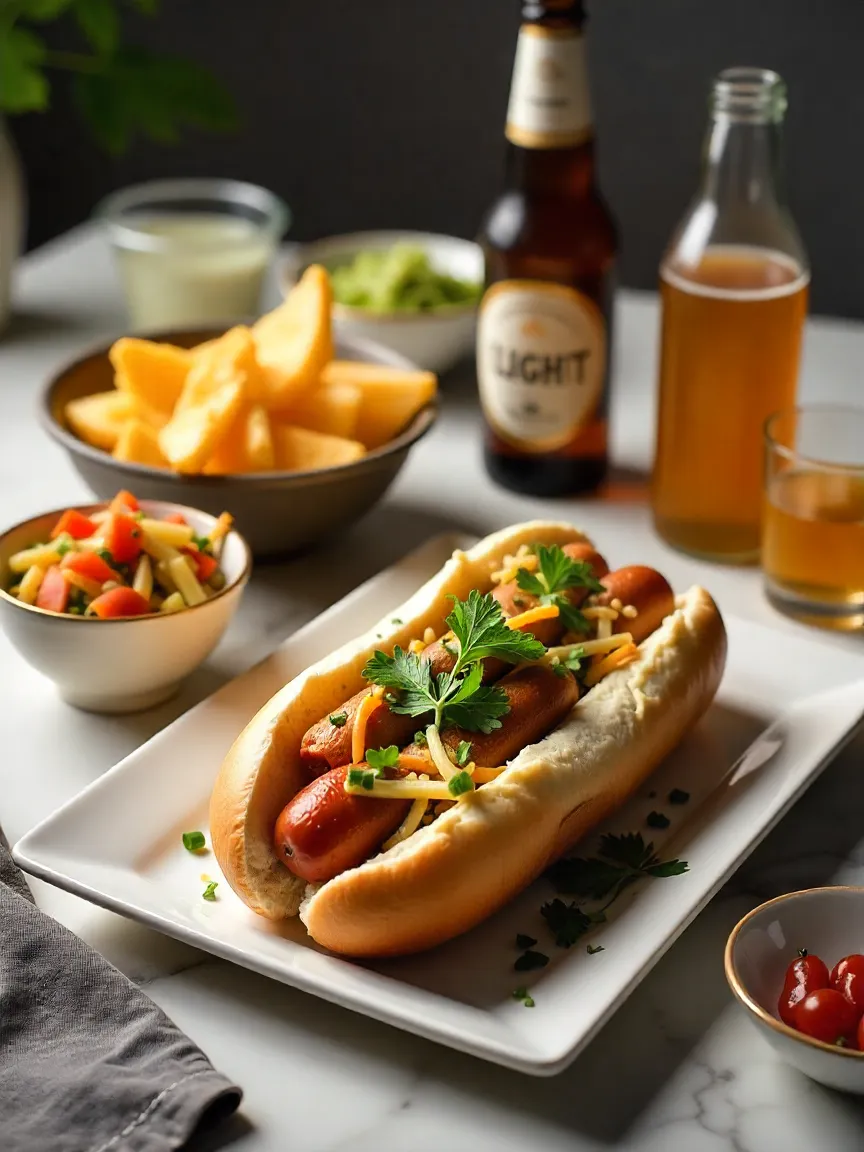 A gourmet homemade hot dog served with crispy potato wedges, vegetable slaw, light beer, and iced tea, accompanied by a variety of toppings like pickled vegetables and cheese drizzle.