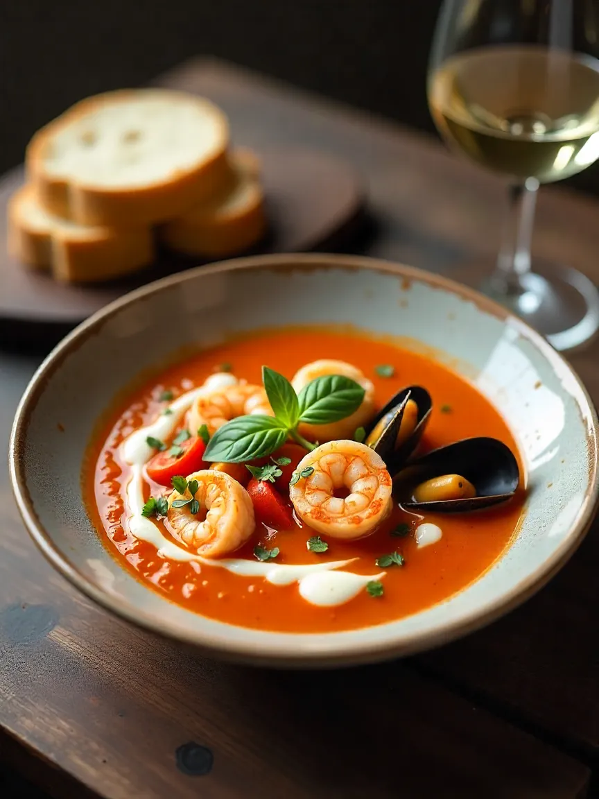 Bowl of tomato seafood soup with shrimp, mussels, scallops, herbs, cream swirl, and crusty bread.
