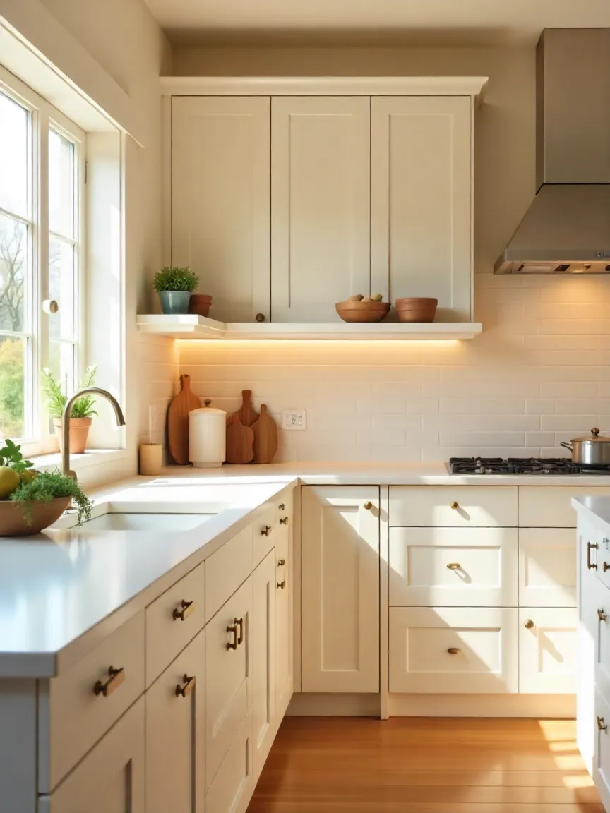 Bright, timeless kitchen with Shaker cabinets in neutral tones, natural light, and simple decor, symbolizing the enduring appeal of Shaker kitchens.