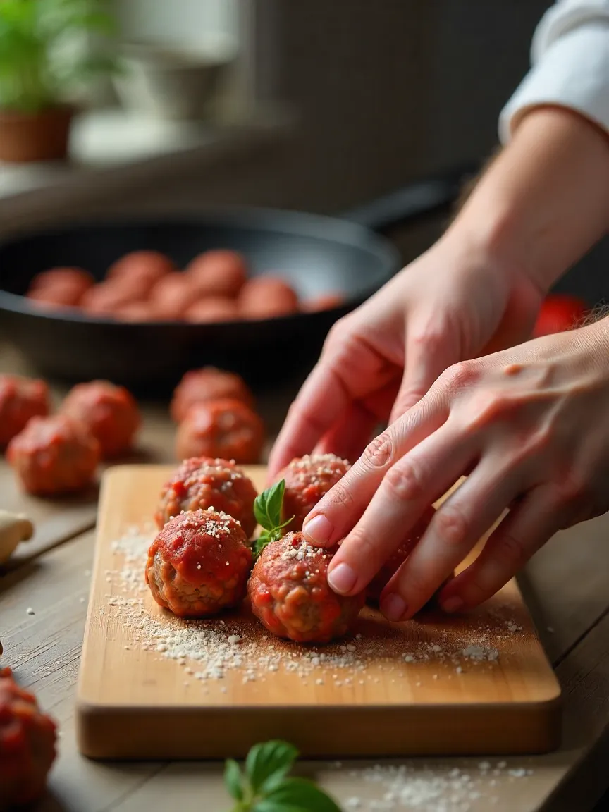 Hands forming Italian meatballs with a skillet and baking tray in the background, showing both frying and baking methods.