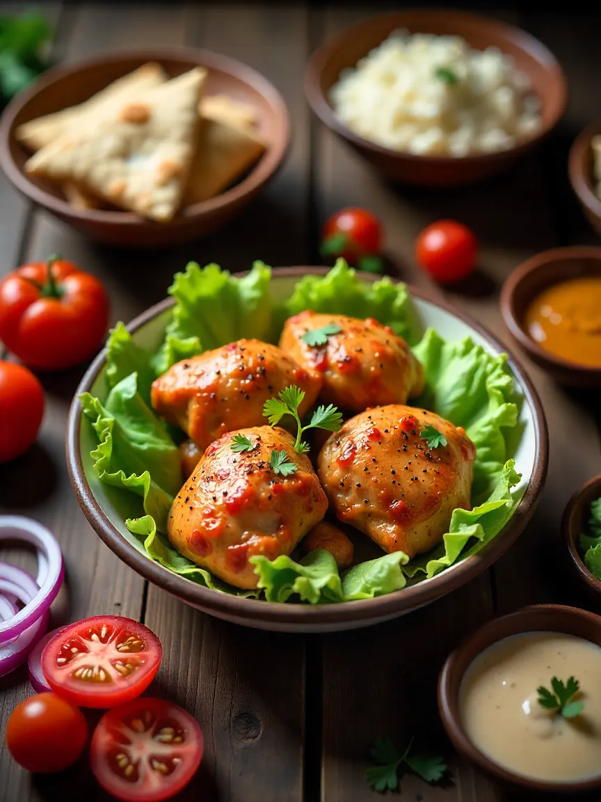 Fresh shawarma ingredients with marinated chicken, vegetables, pita bread, and sauces arranged on a wooden table.