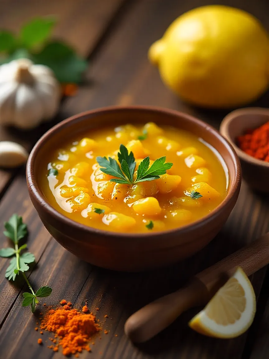 Shawarma marinade in a bowl with garlic, spices, and lemon on a rustic wooden table.