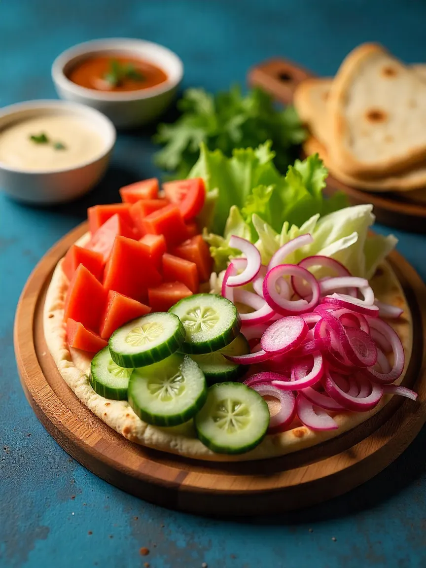 Fresh vegetables, pickles, sauces, and pita bread arranged as shawarma accompaniments on a rustic board.