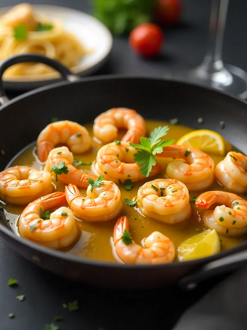 Shrimp scampi in a skillet with garlic butter sauce, parsley garnish, and lemon wedges, served with spaghetti pasta.