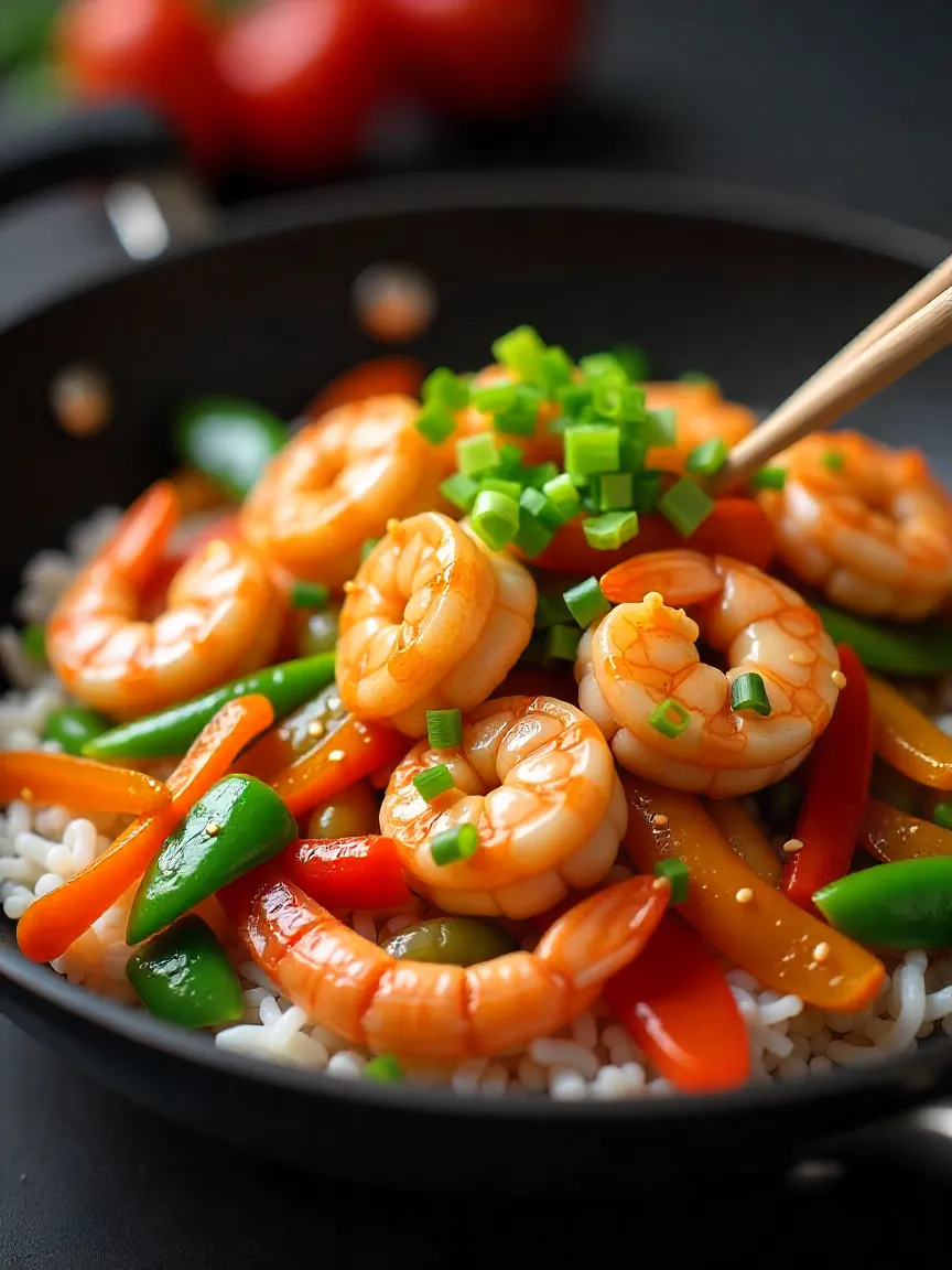 Colorful shrimp stir-fry with bell peppers and snap peas, served over rice and garnished with sesame seeds and green onions.