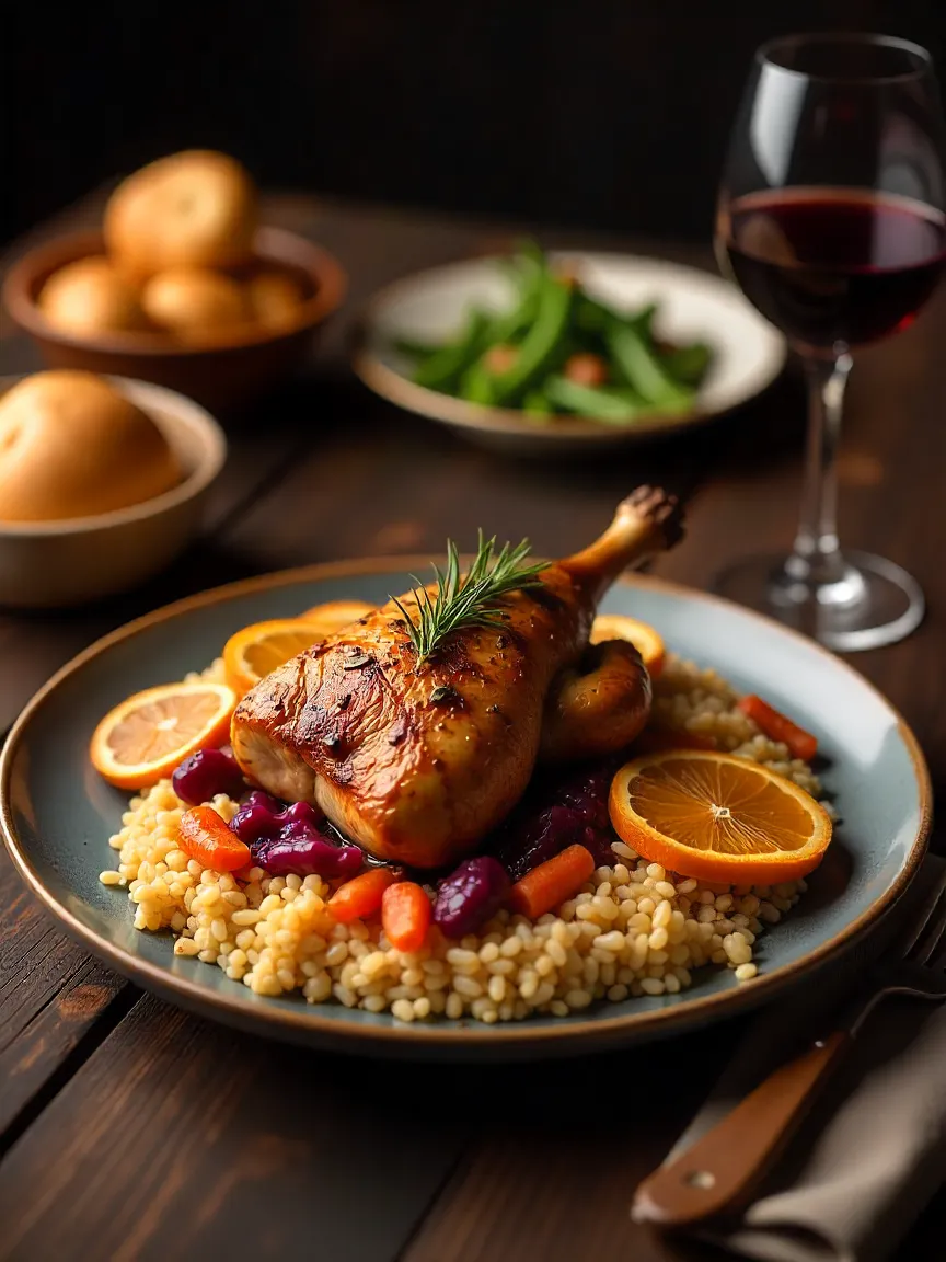 Assorted side dishes including rice pilaf, roasted potatoes, braised red cabbage, carrots, green beans, and salad, served with wine and bread beside roast duck.
