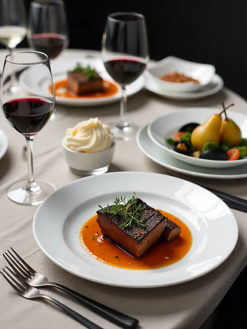 Elegant dining table with wine-infused dishes including braised short ribs, mussels, and port-poached pears, paired with matching wine glasses for a complete meal.