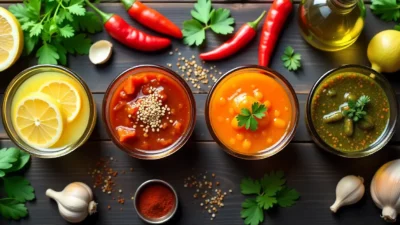 Flat lay of colorful marinades in bowls with herbs, garlic, citrus, and spices on a rustic kitchen background.