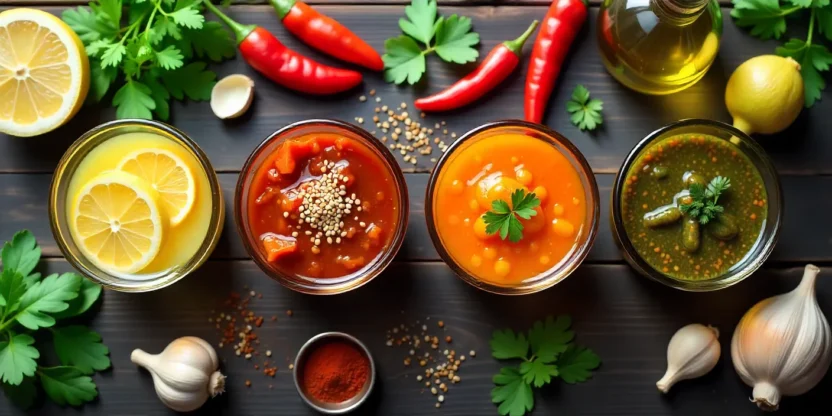 Flat lay of colorful marinades in bowls with herbs, garlic, citrus, and spices on a rustic kitchen background.