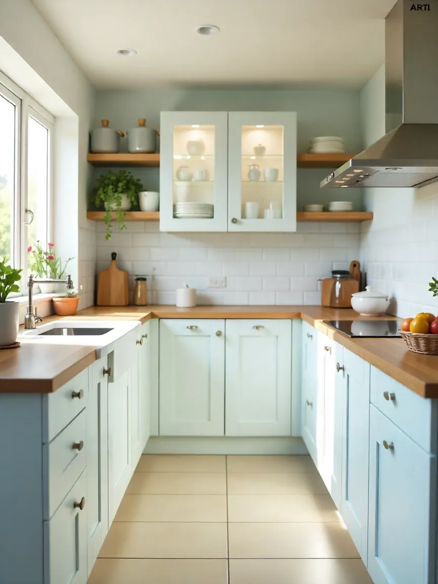 Small bright kitchen with light neutral colors, pastel accents, and sunlight streaming in, creating an airy and spacious feel.