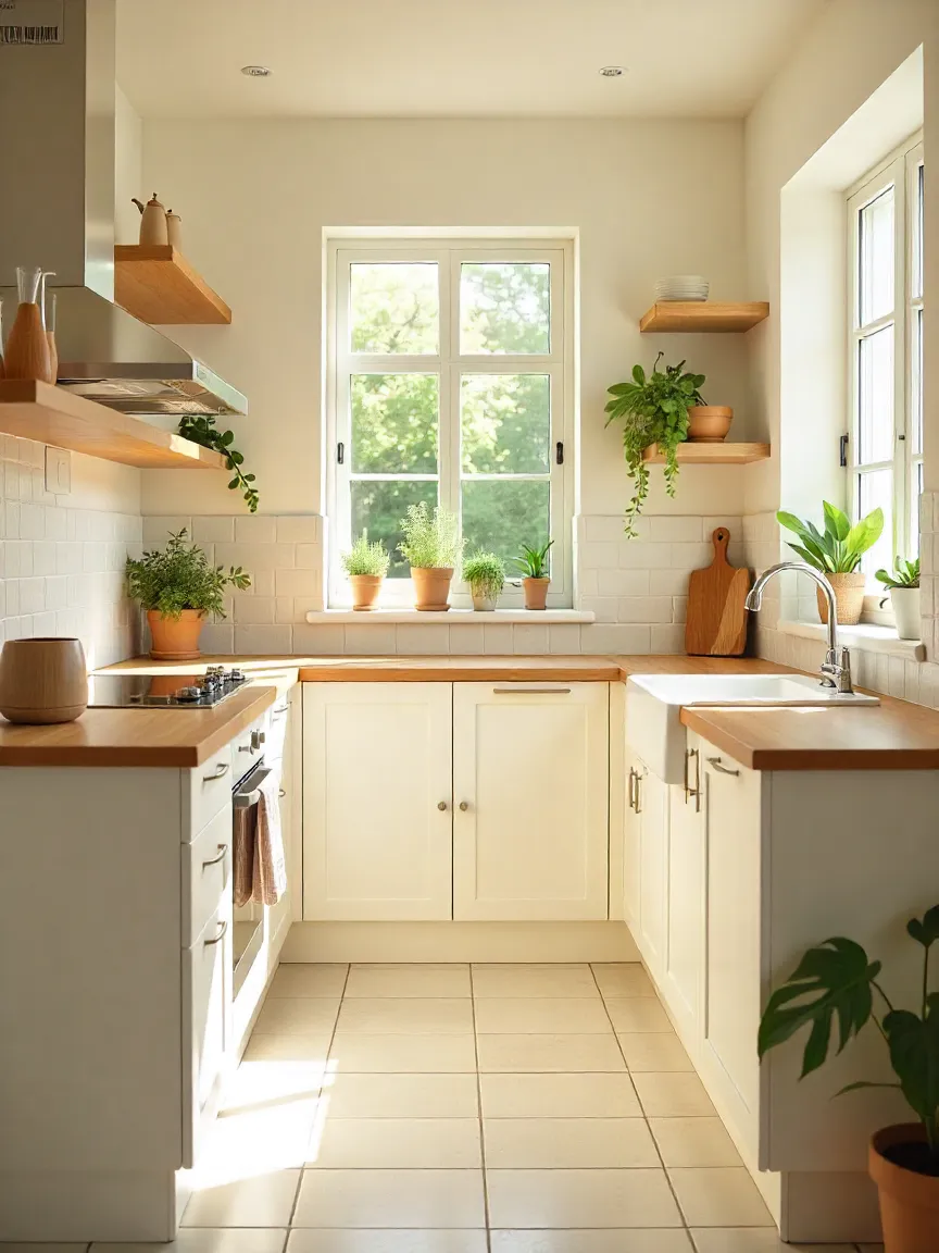 Small bright kitchen with light neutral colors, pastel accents, and natural wood details, creating an airy, spacious, and inviting atmosphere.