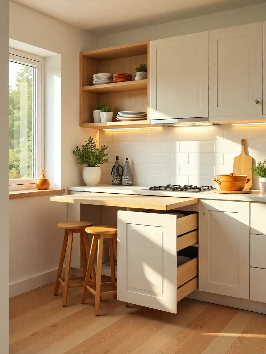 Compact small kitchen with a multifunctional island, built-in storage, and seating, showcasing a practical and stylish use of limited space.