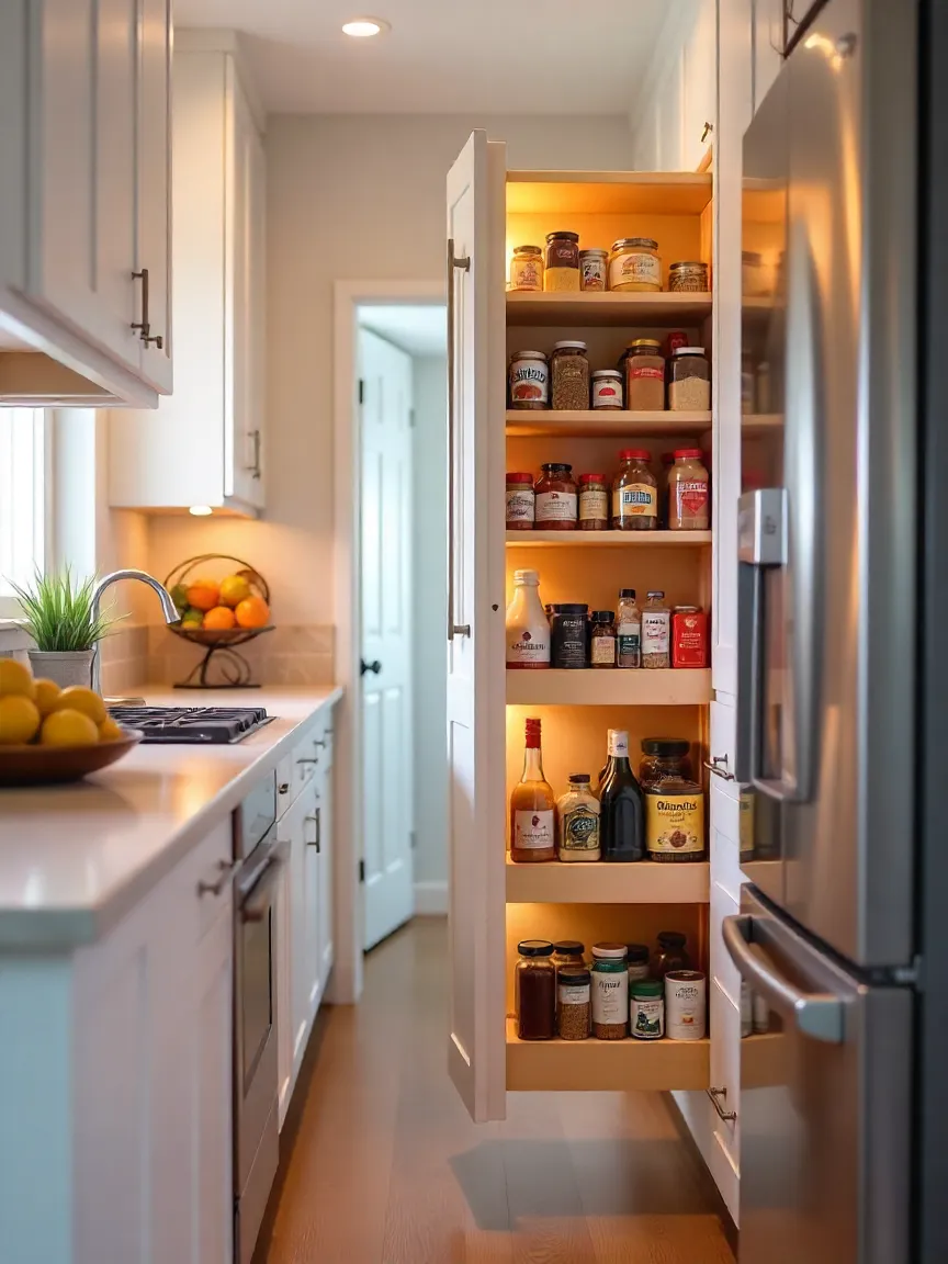 Small kitchen with a pull-out pantry storing spices, canned goods, and essentials, demonstrating an efficient and organized storage solution.