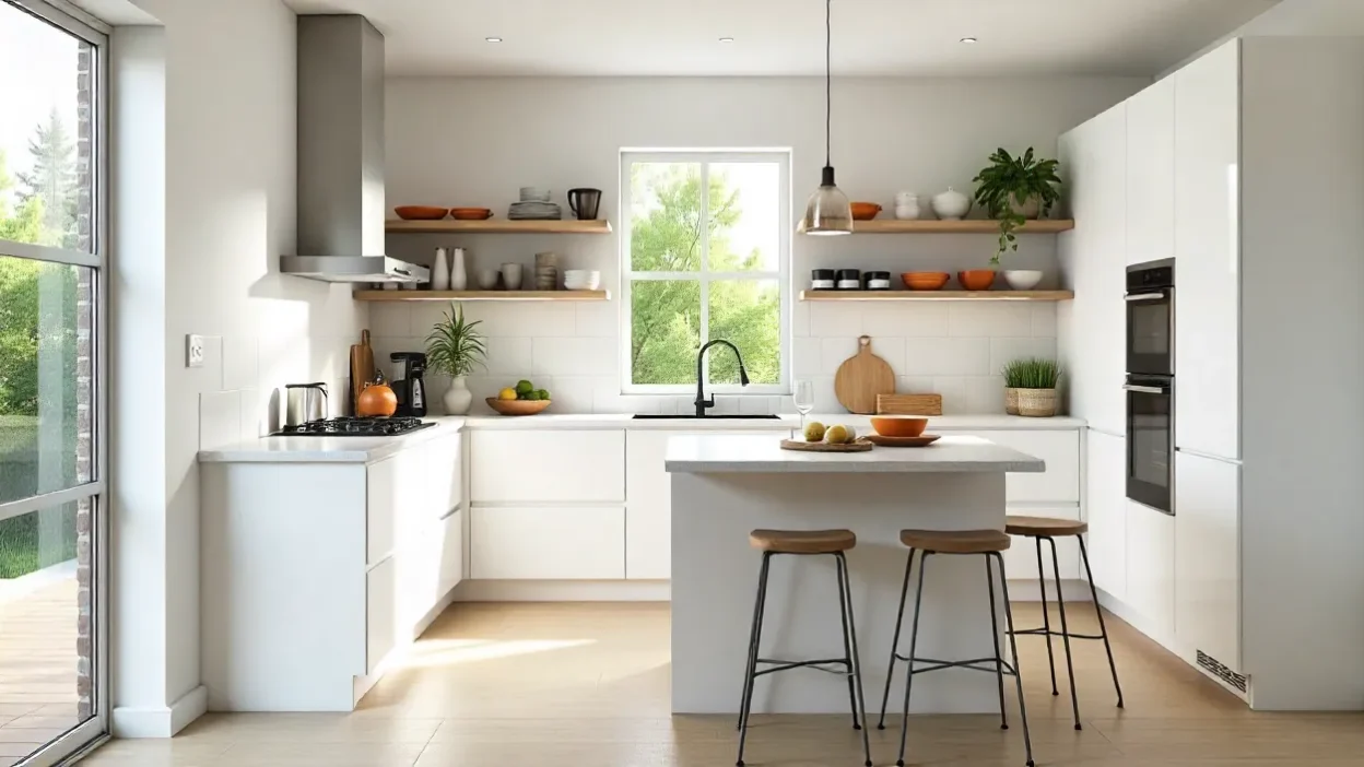 Bright and modern small kitchen with tall cabinets, open shelves, multifunctional island, and abundant natural light creating an airy and spacious feel.