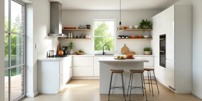 Bright and modern small kitchen with tall cabinets, open shelves, multifunctional island, and abundant natural light creating an airy and spacious feel.