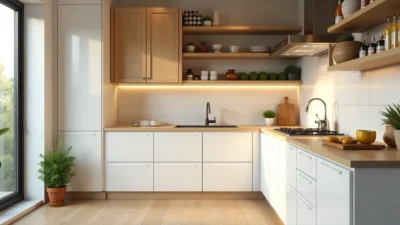 Small modern kitchen with vertical cabinets, open shelves, reflective backsplash, compact appliances, and a movable island for maximizing space.