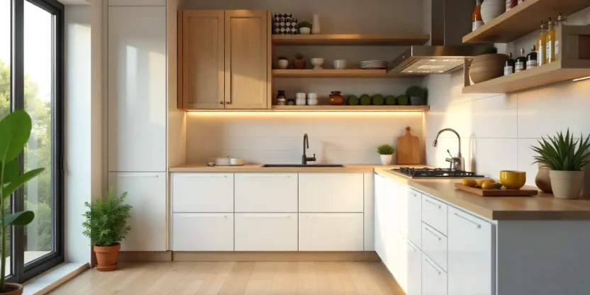 Small modern kitchen with vertical cabinets, open shelves, reflective backsplash, compact appliances, and a movable island for maximizing space.