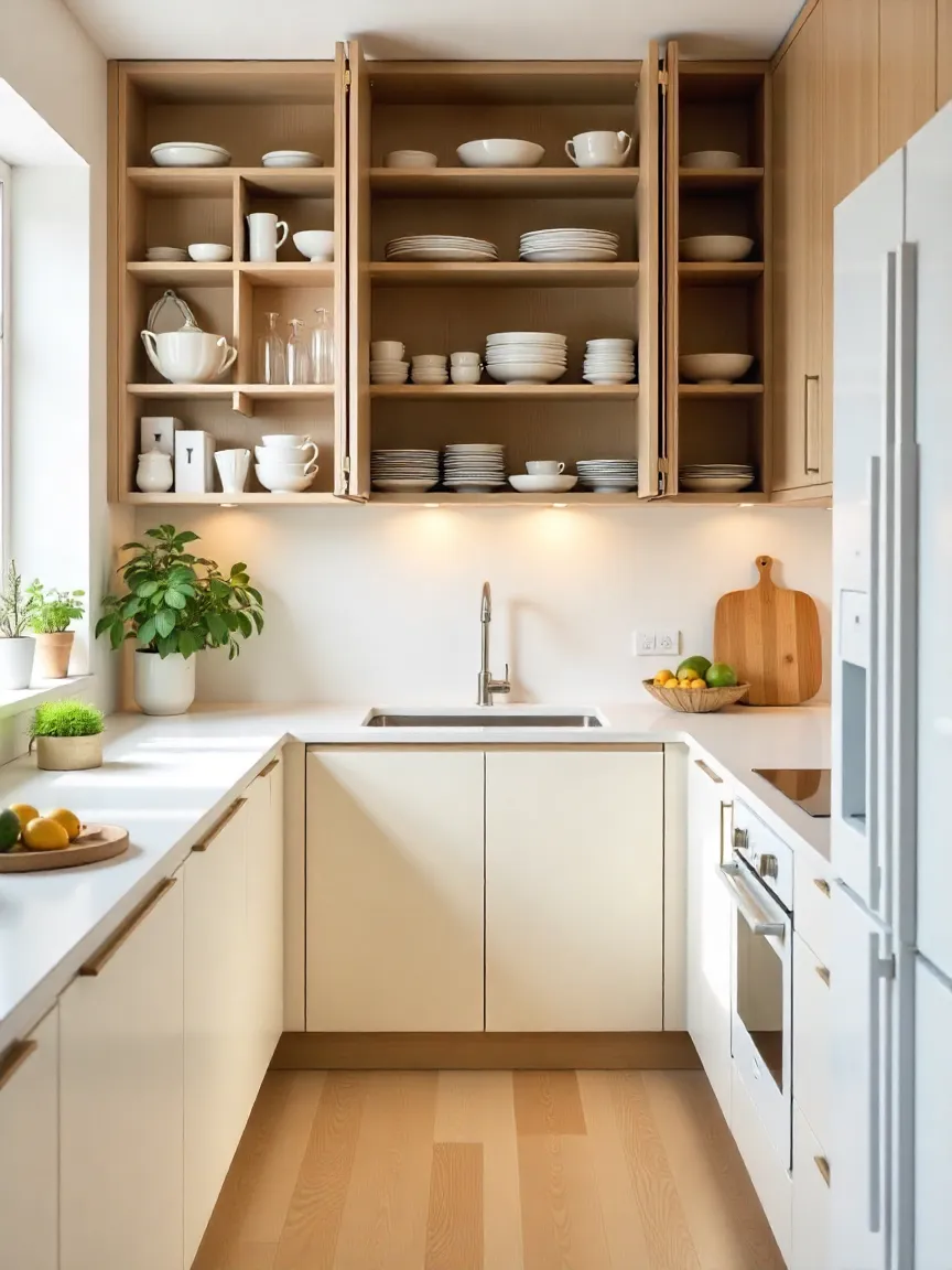 Small kitchen with tall floor-to-ceiling cabinets, glass doors, and pull-out shelves maximizing vertical storage and creating an open, organized space.