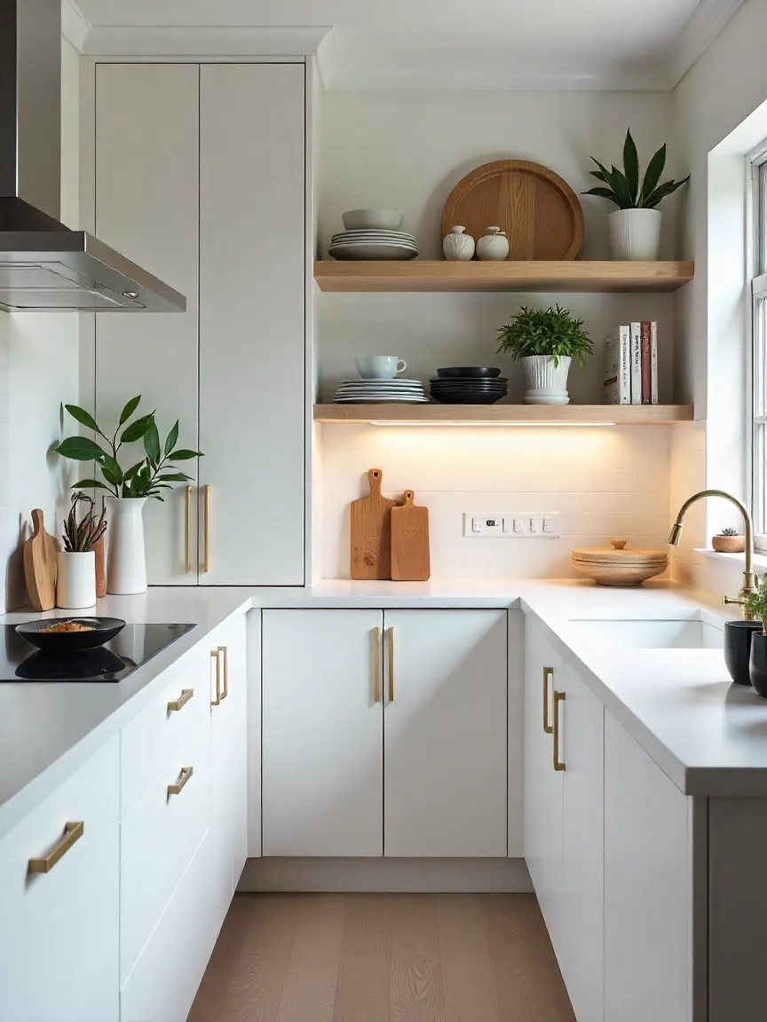 Small kitchen with tall cabinets, corner lazy Susan, and floating shelves, demonstrating clever vertical storage and an organized, airy layout.