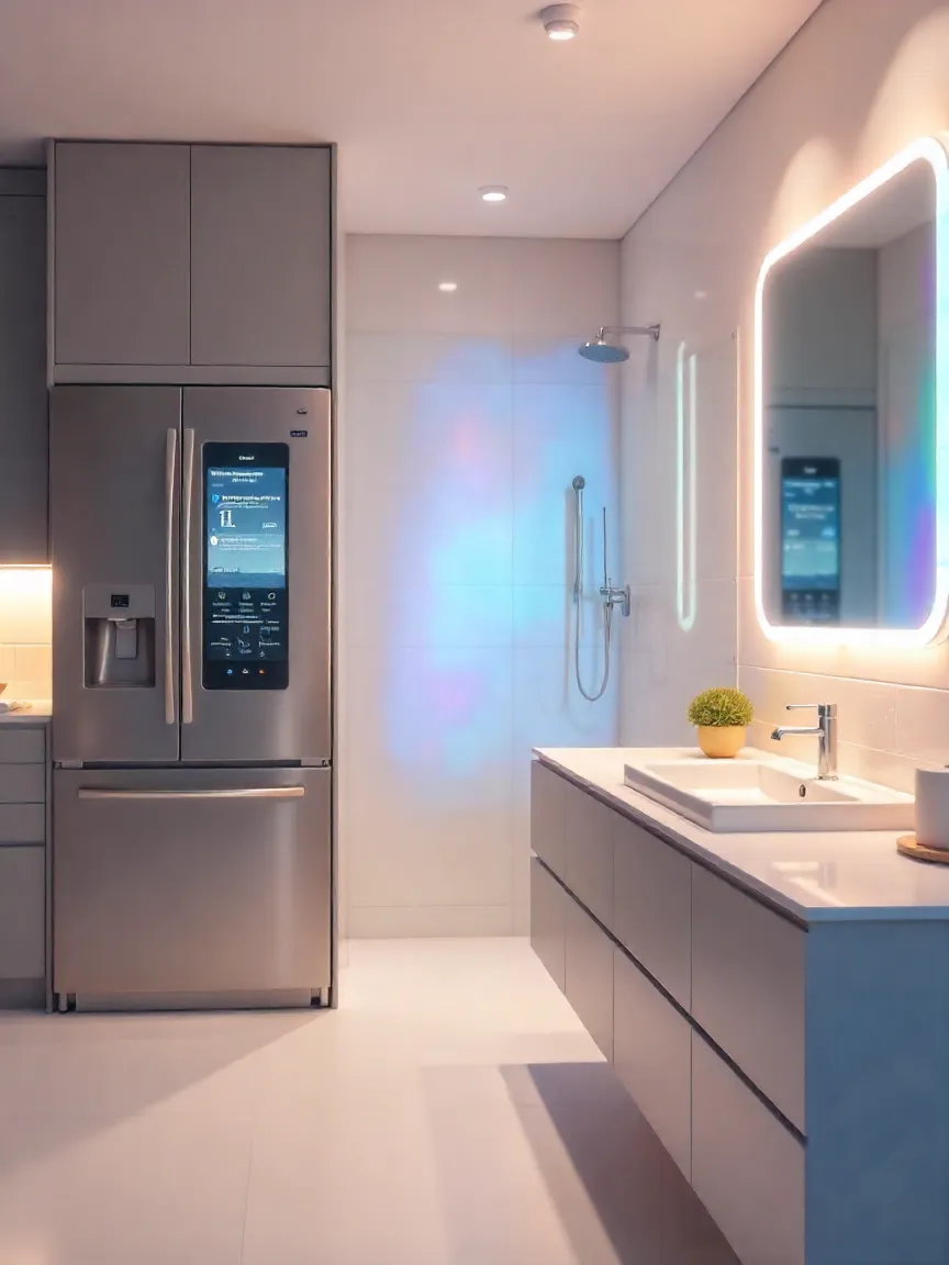 A modern kitchen and bathroom with smart appliances, including a voice-activated faucet, touchscreen refrigerator, and a smart mirror, enhancing convenience and efficiency.