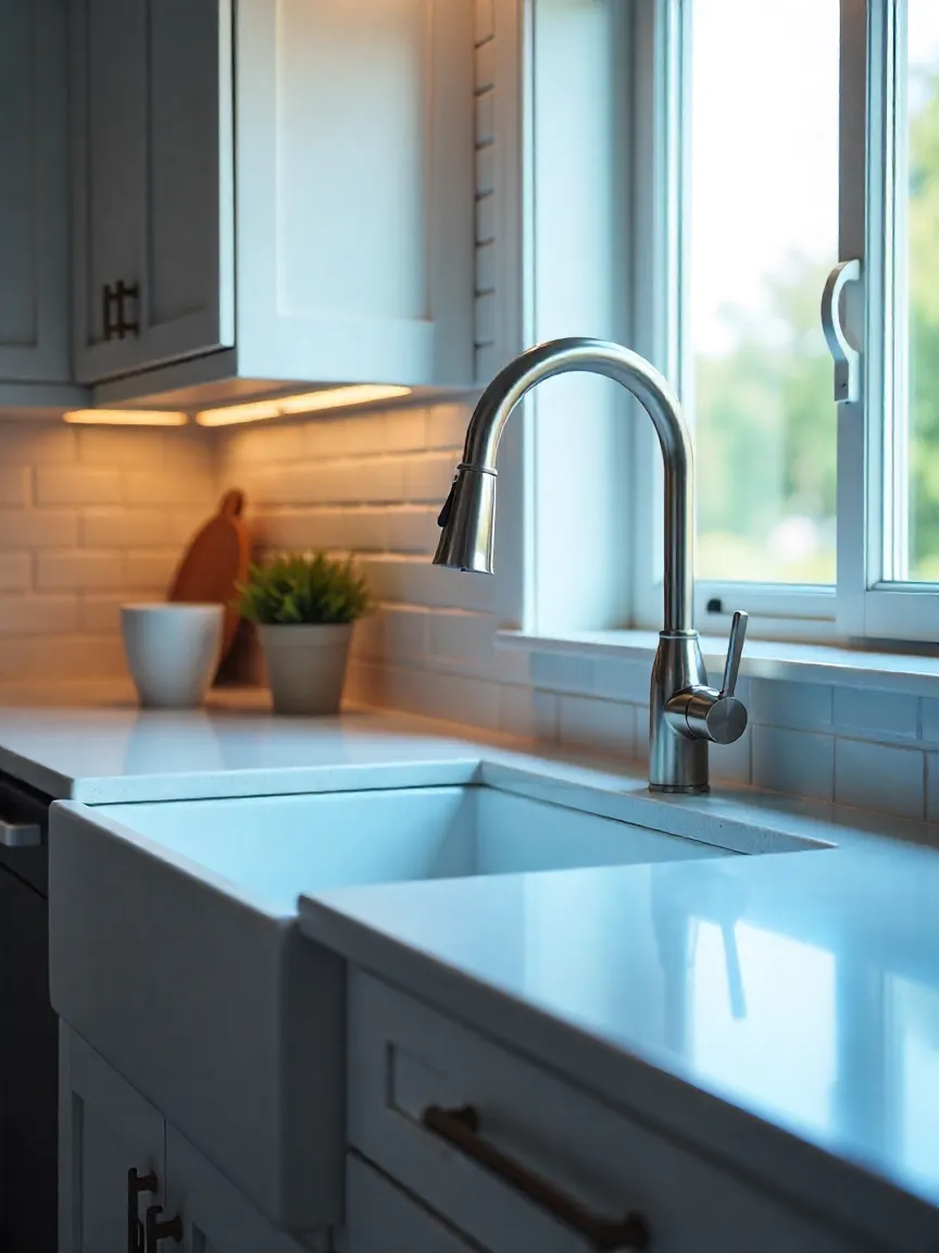Modern kitchen sink with a stainless steel smart faucet and quartz countertop, adding a stylish and functional upgrade to the space.