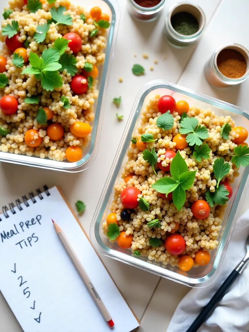 Colorful microwave meal prep containers with grains, veggies, and spices beside a notepad labeled Meal Prep Tips in an artist’s workspace.
